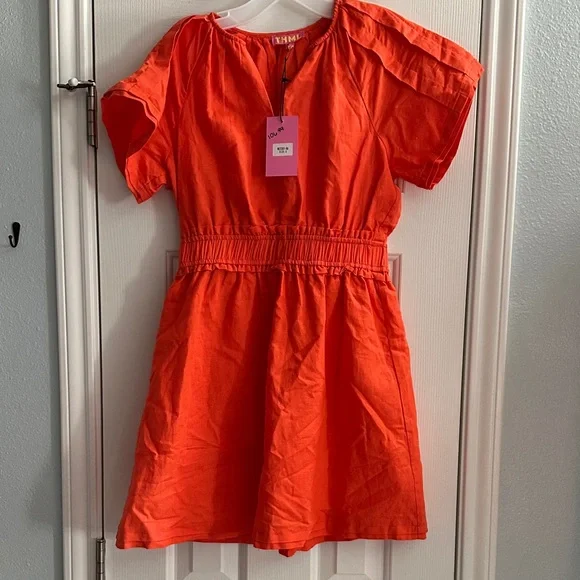 THML Sunset Smocked 100% Linen Dress Orange NWT Women’s S Summer Beach Party - Picture 2 of 10